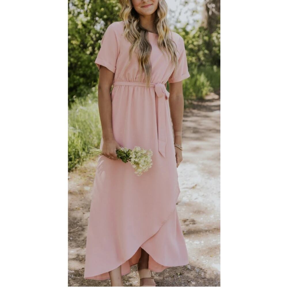 Roolee Dusty Blush Midi Dress with Tie Waist